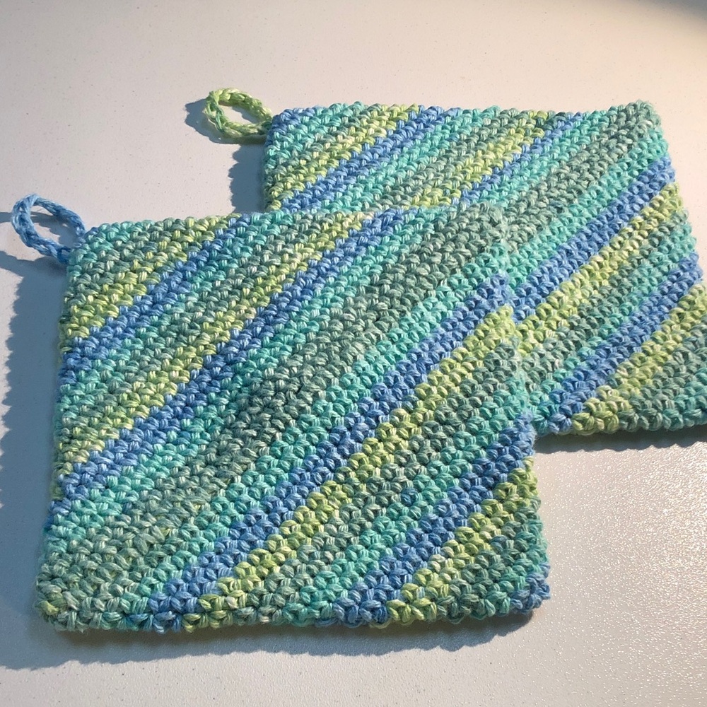 2-Handmade shades of Blue & Green double thick cotton Crochet Pot Holders 7x7 in